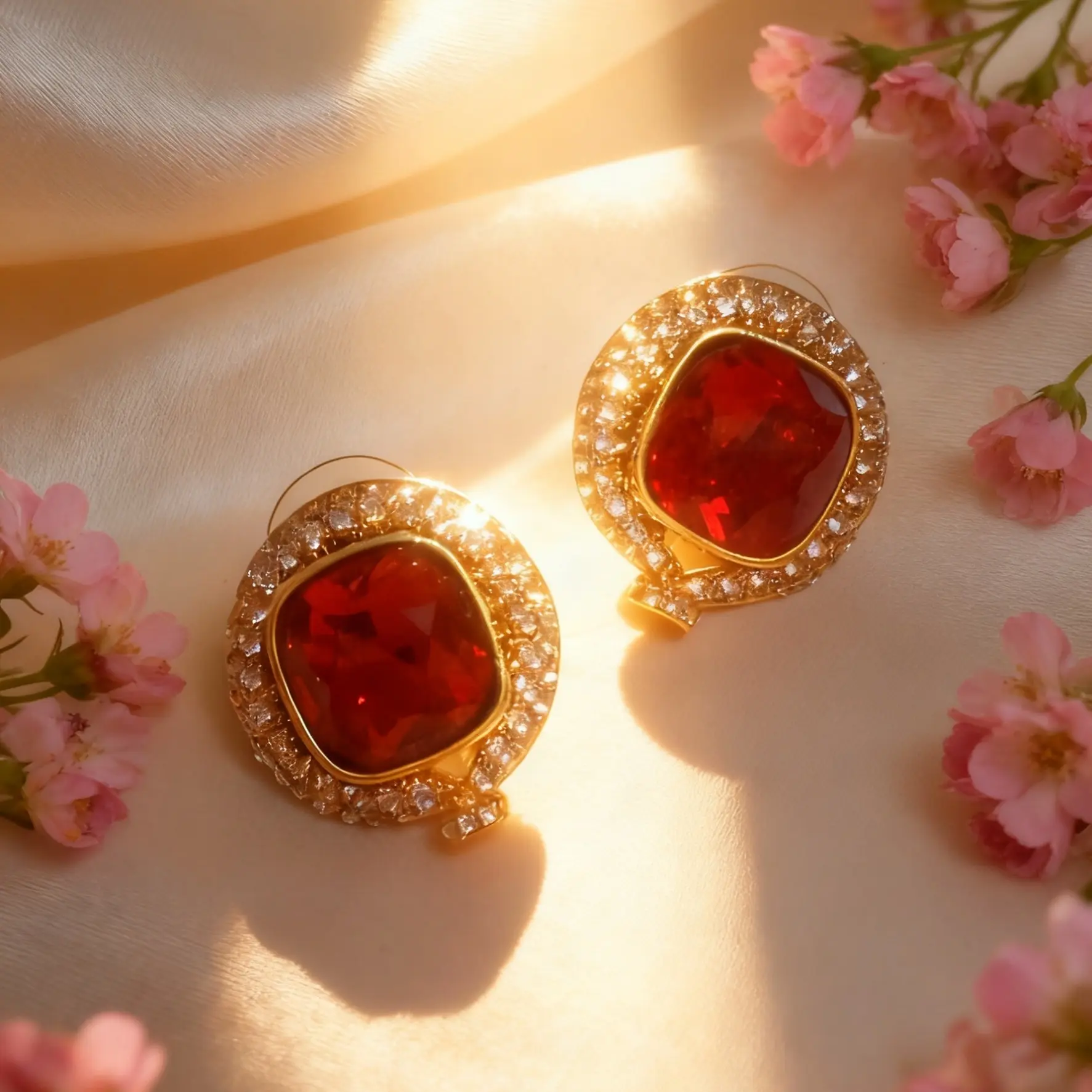 铜合金仿水晶耳饰 红色耳钉复古手工百搭时尚饰品