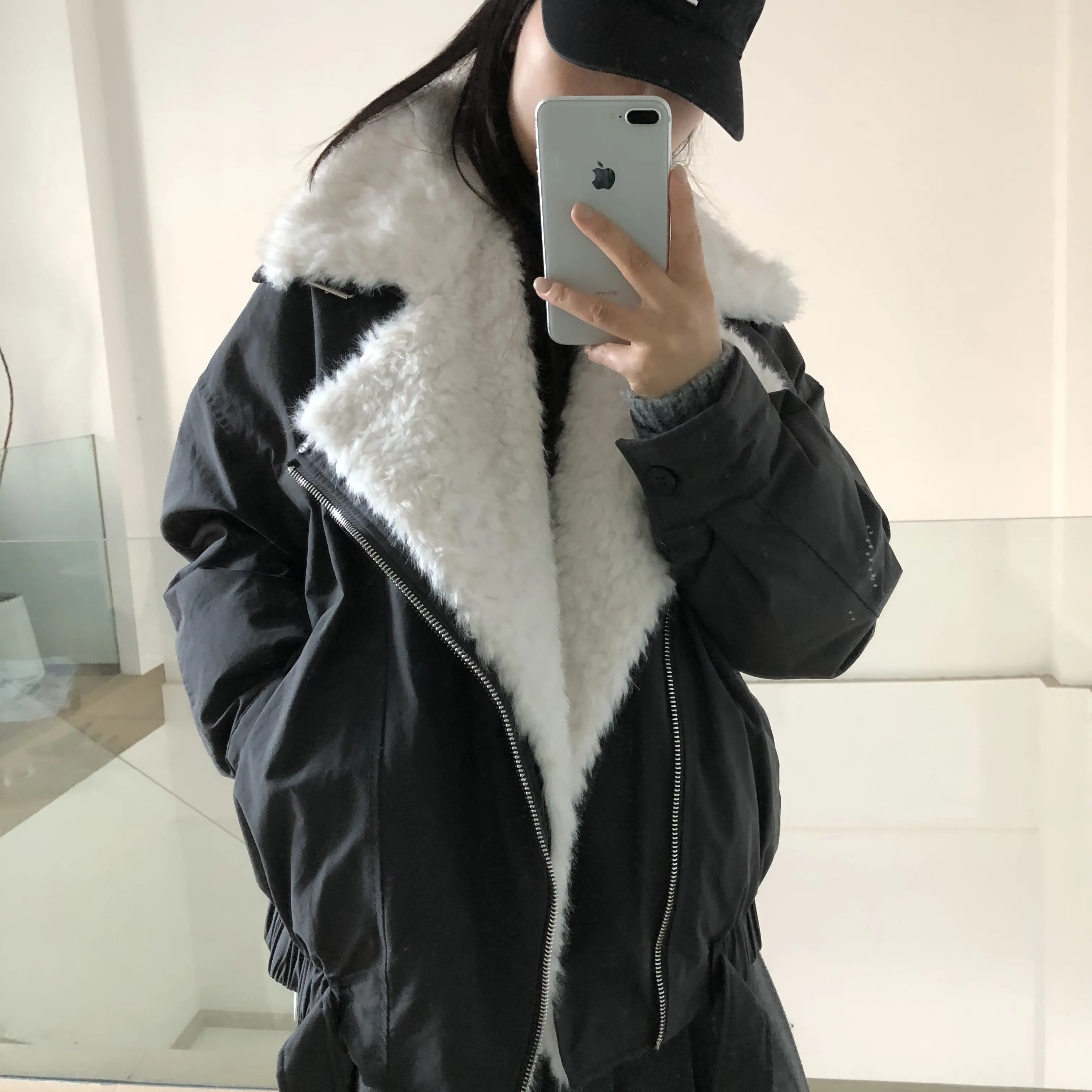 Fave毛毛翻领保暖可拆卸羊羔毛宽松夹克版羽绒服外套