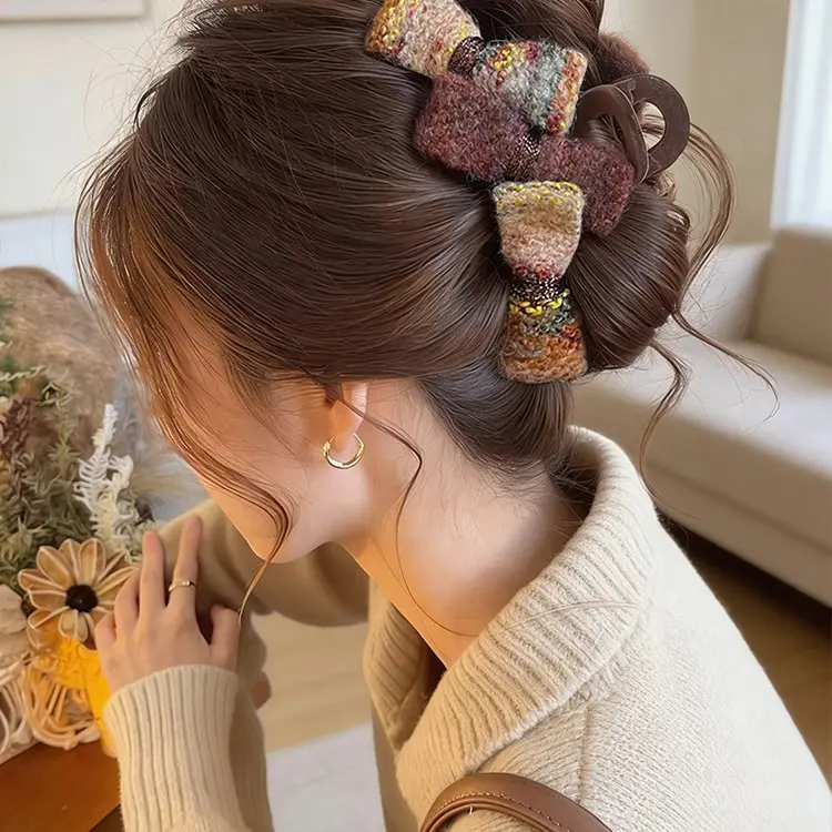 雪松焦糖头发抓夹女毛呢蝴蝶结鲨鱼夹2025新款盘发夹巨好看发饰商品图