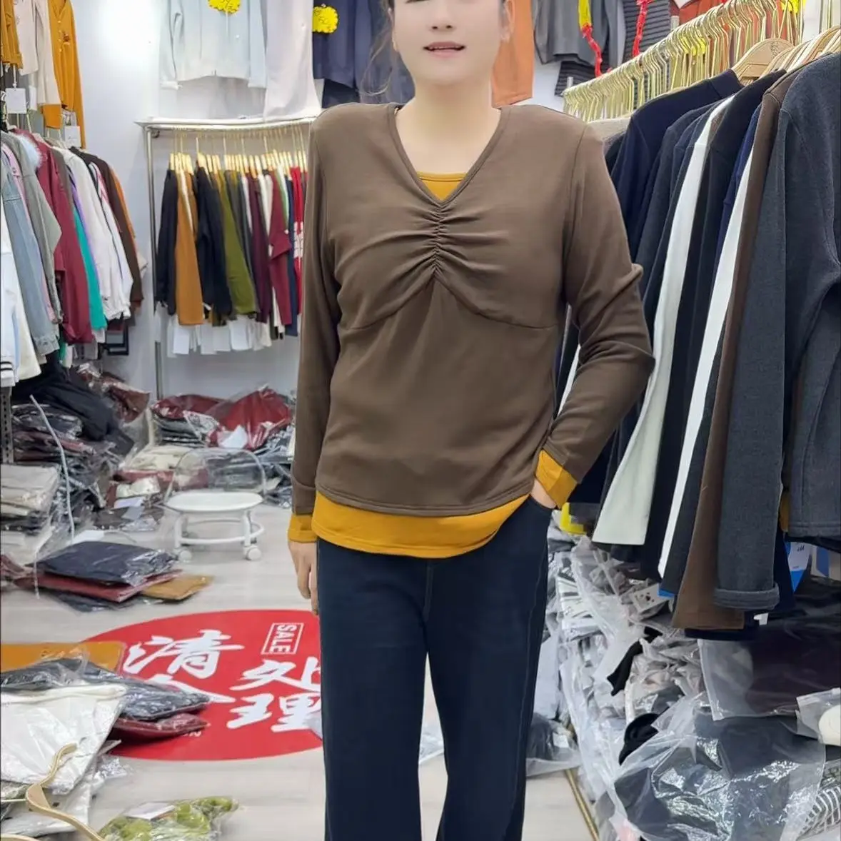 海英家原创优选时尚洋气假两件长袖打底T恤女装