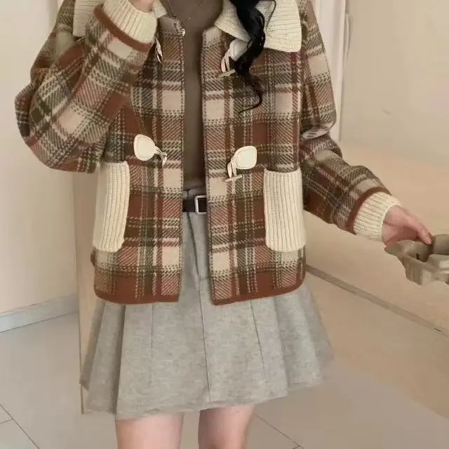 橘色复古格子娃娃翻领小香风高级感毛呢短外套女秋冬加厚上衣