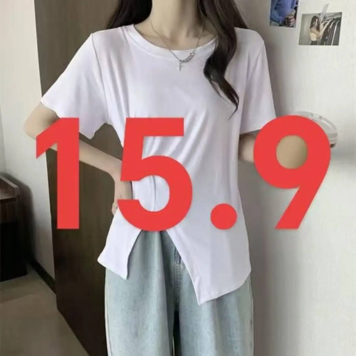 夏季女宽松正肩短袖T恤韩版显瘦百搭不规则开叉小众休闲上衣