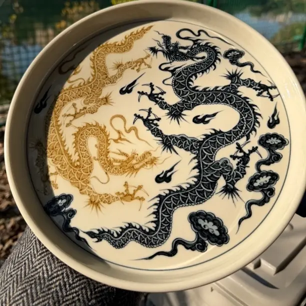 手工手绘青花釉里金双龙戏珠精美高档壶承复古青花瓷陶瓷茶盘赏盘