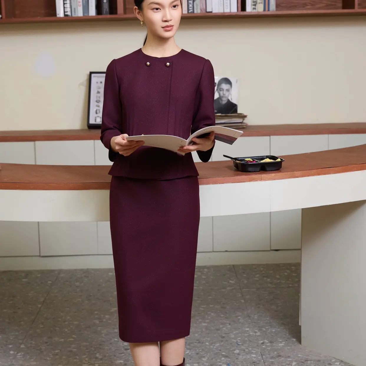 171291紫红色修身显瘦长袖收腰假两件气质中式连衣裙工作时尚秋冬