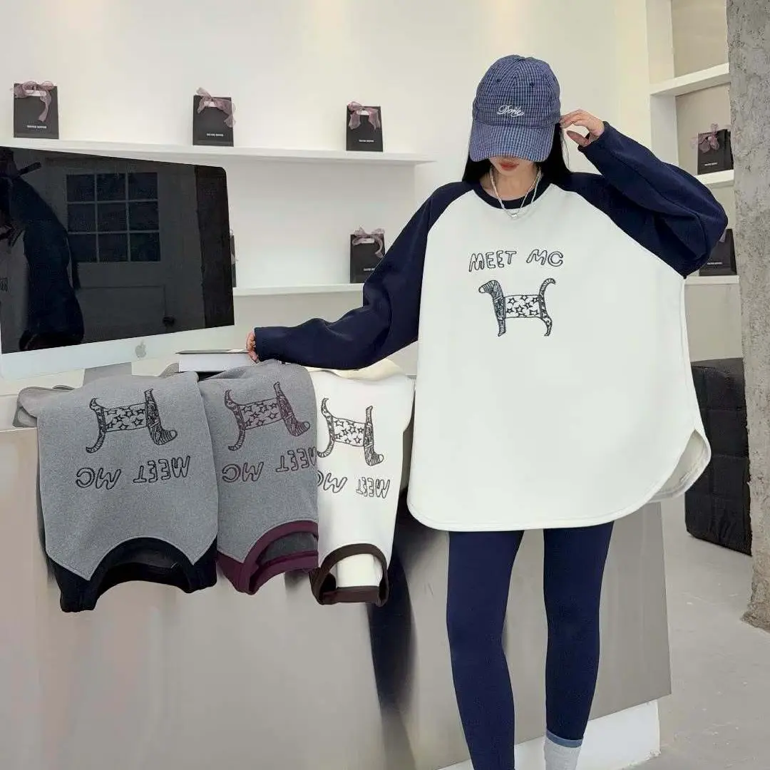 华姐家大码徳绒中长款不起球长袖轻职风抗皱T恤休闲情侣假两件