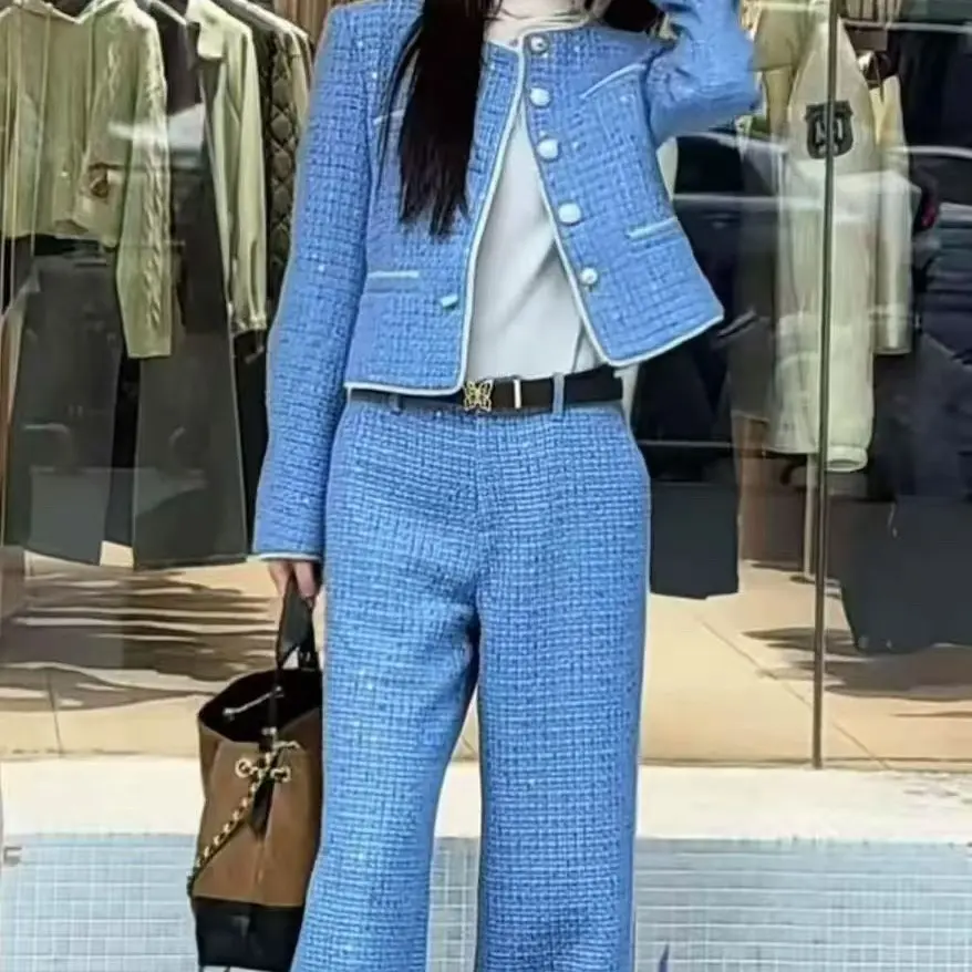 细闪亮片花呢长裤