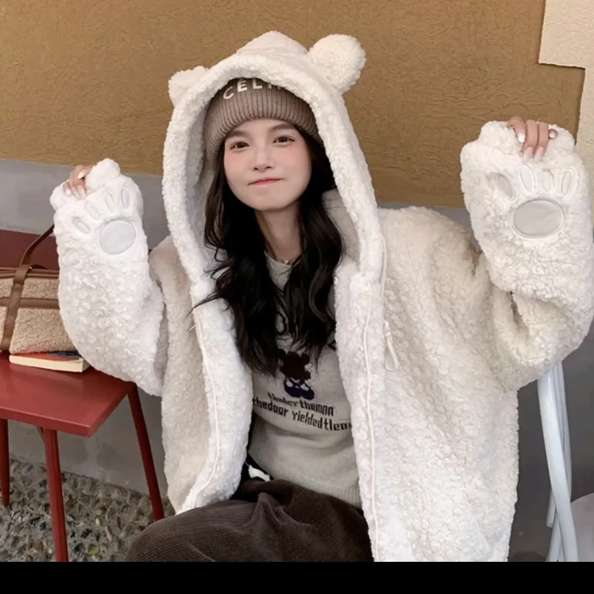 女连帽街头风纯欲风短外套时尚潮流针织加厚保暖长袖冬季