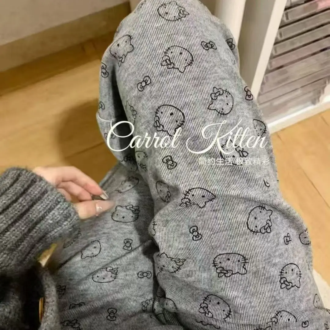 秋冬加绒保暖可爱猫猫印花松紧腰拖地抽绳阔腿裤显瘦垂感慵懒可