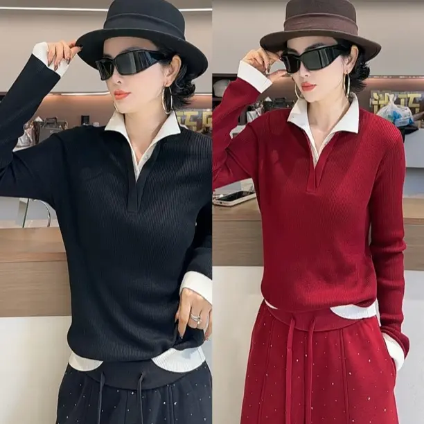 【迷巧】新款时尚拼色假两件温柔风修身羊毛针织衫