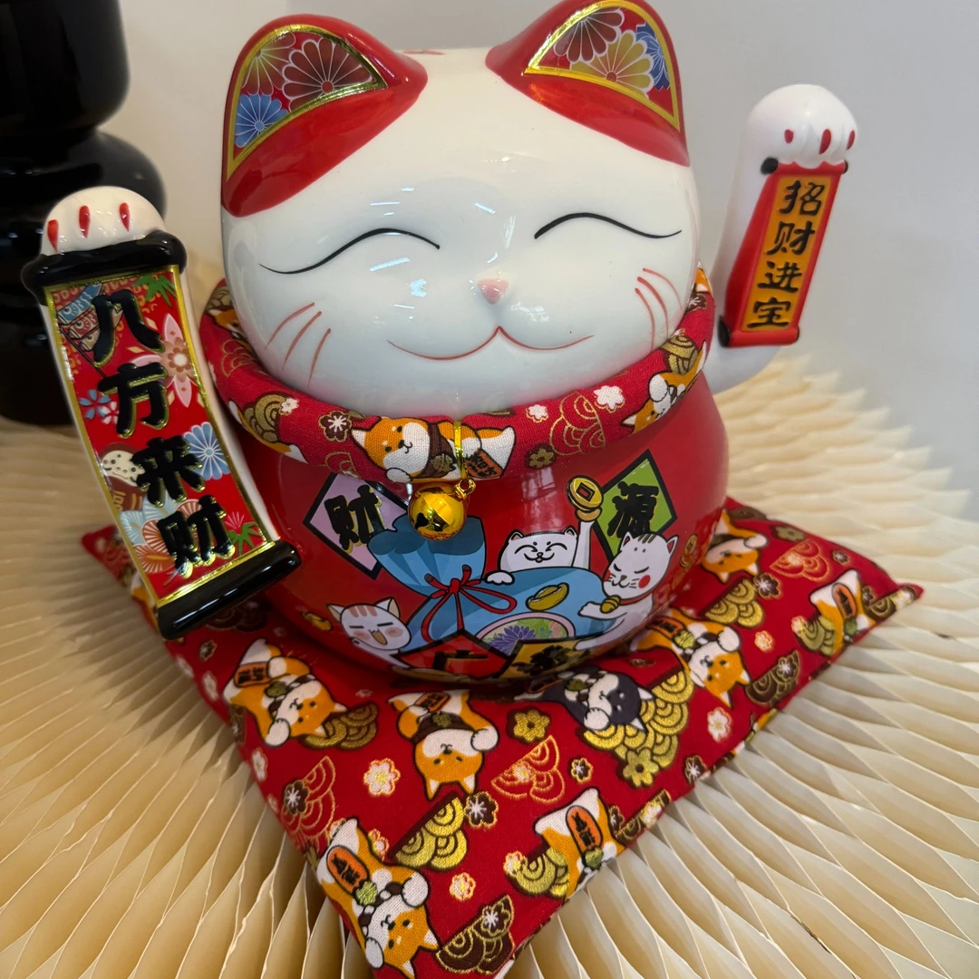 红色招财猫摆件电动摆手精品陶瓷乔迁家居 H