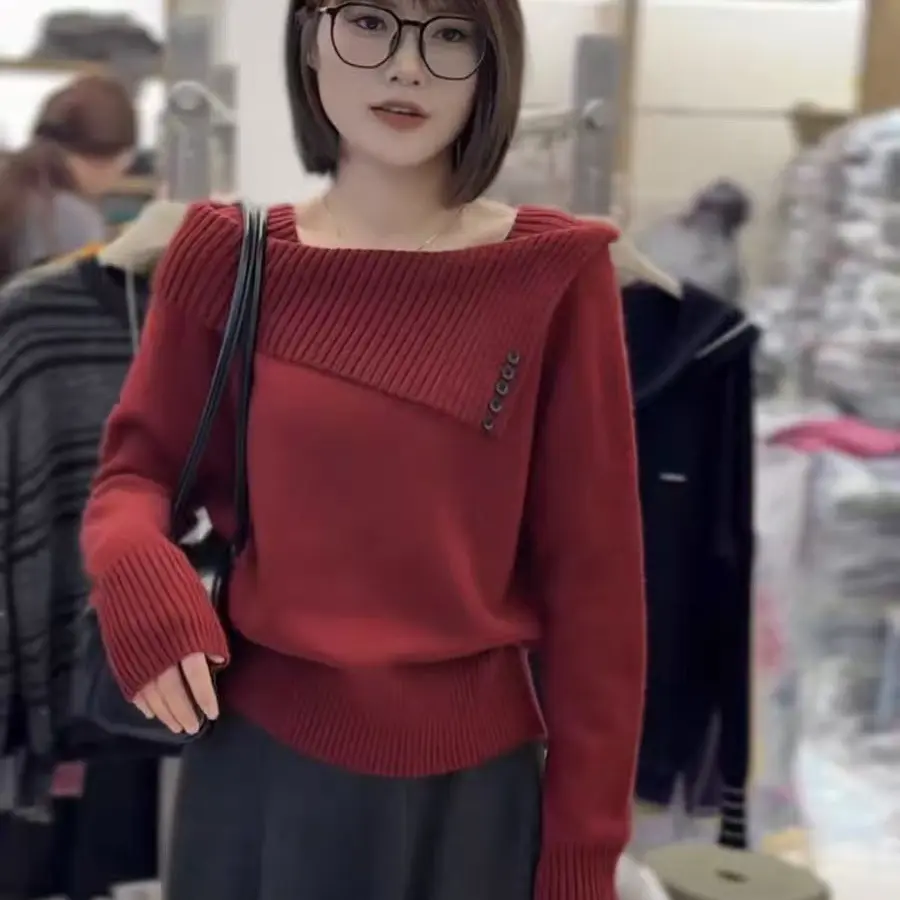 新款一字领套头毛衣针织