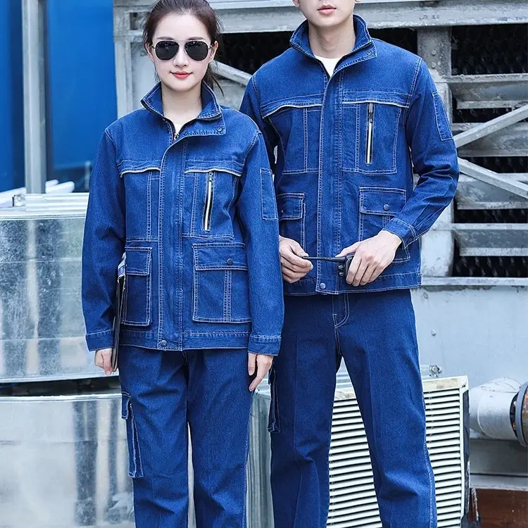 夏季高弹力立领牛仔工作服套装男耐磨防烫电焊汽修耐劳保工装厂服