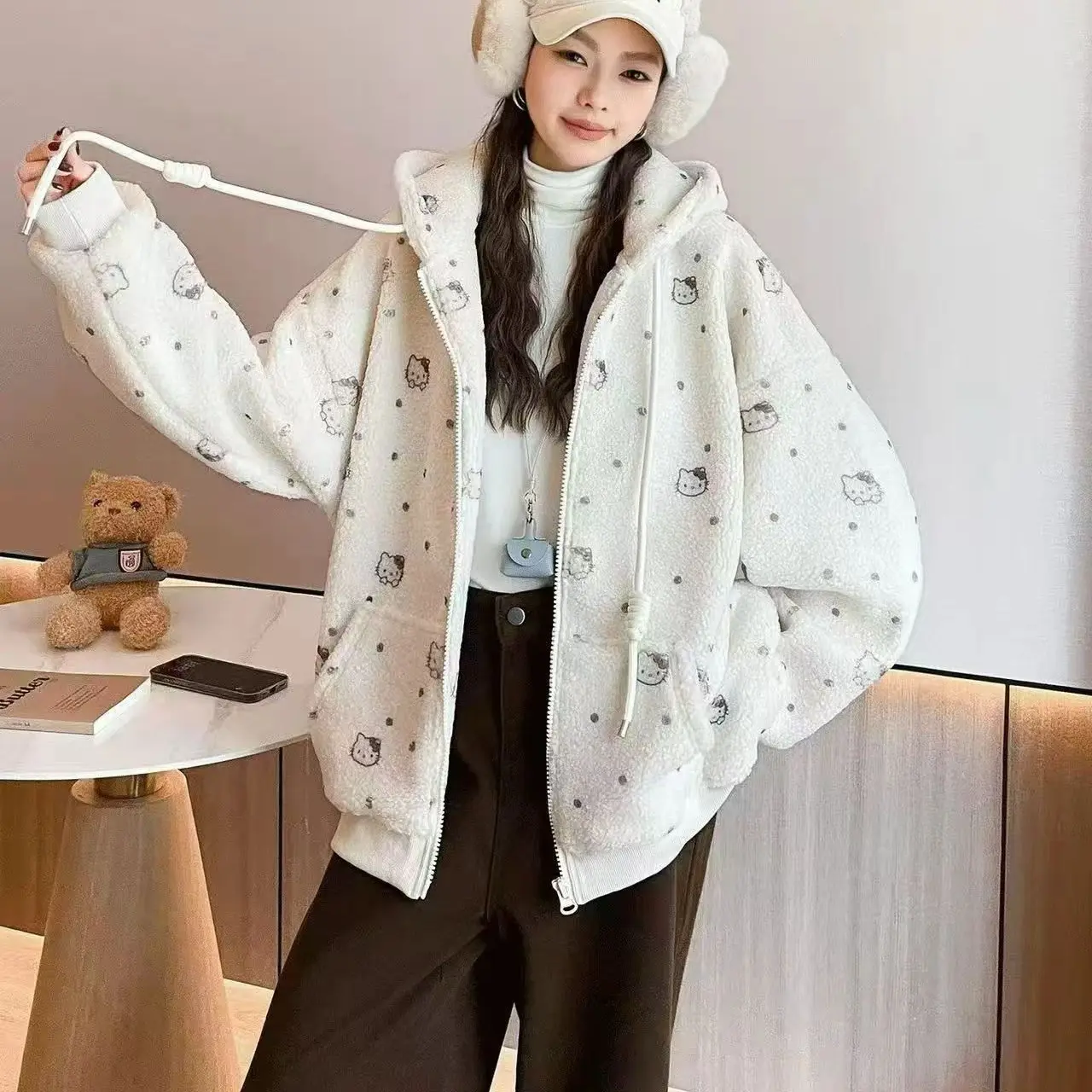 学生可爱卡通连帽加厚羊羔毛卫衣外套冬装