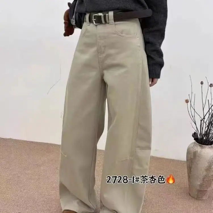 冬季加绒高腰弯刀水洗棉裤女宽松显瘦复古百搭休闲长裤18168-1