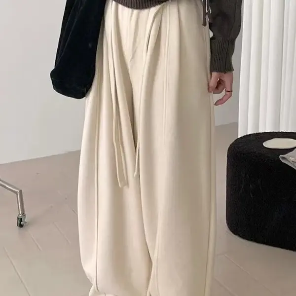 冬季加绒加厚复古弯刀阔腿女裤宽松显瘦慵懒风