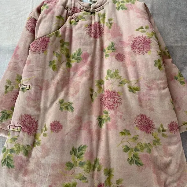 冬季新中式文艺印花复古立领斜襟盘扣中长款加厚保暖棉服