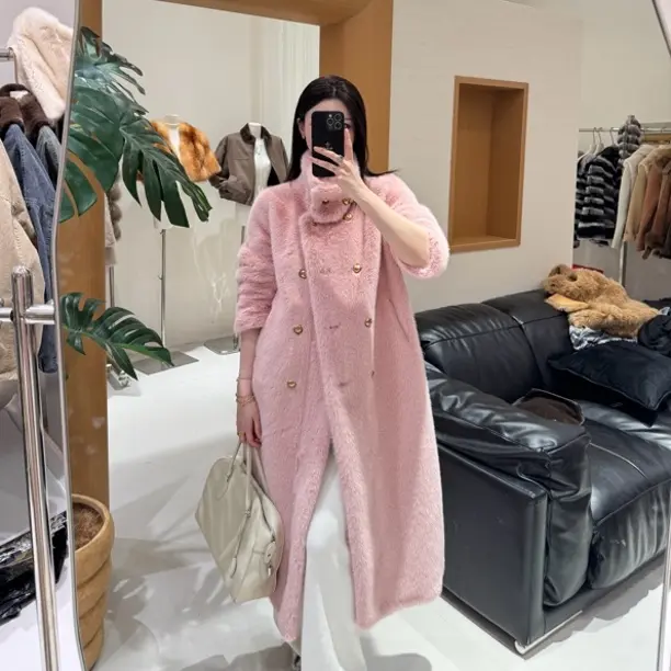 人造皮草 领头款水绒毛毛外套女冬季西装领气质宽松长款毛绒大衣