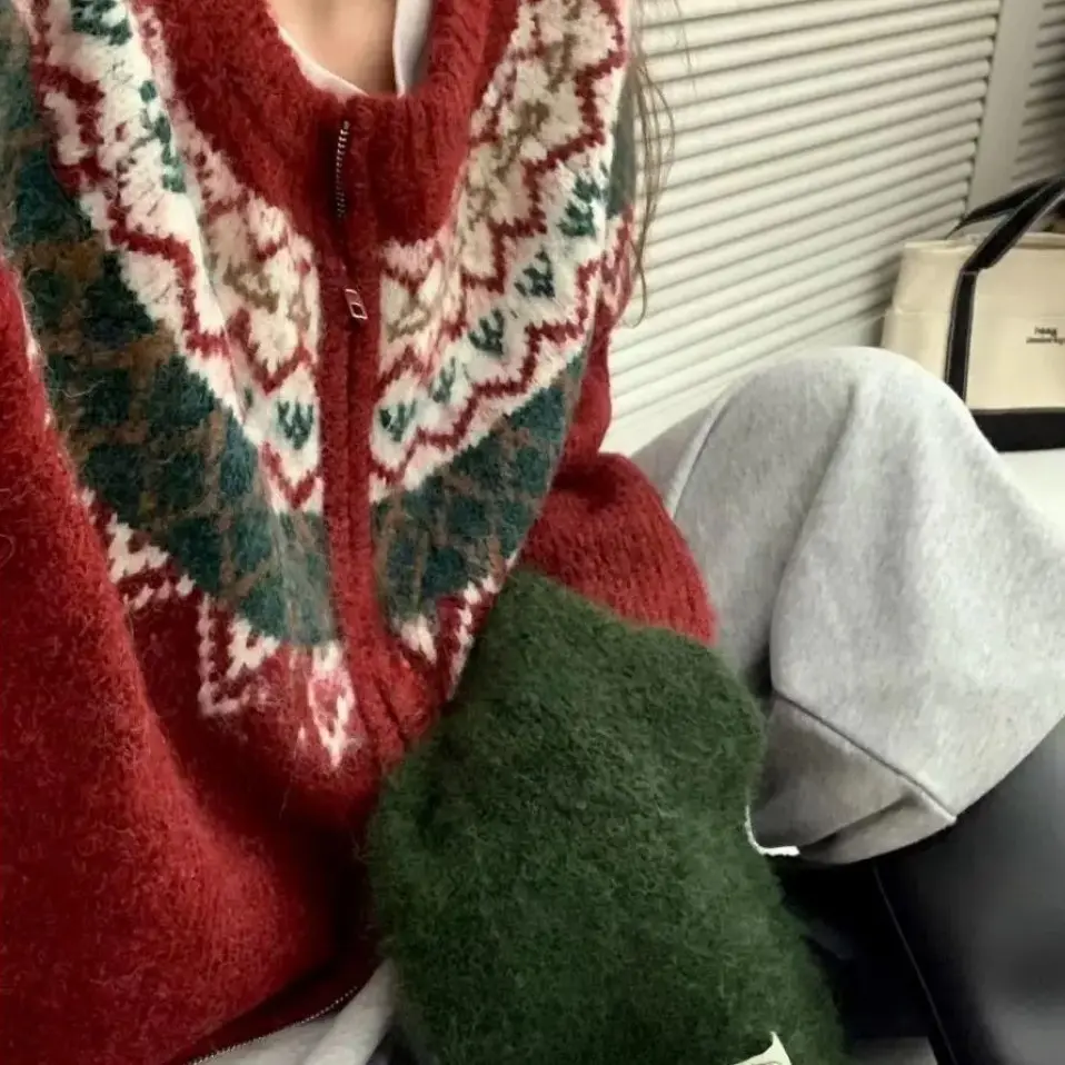 28450韩系慵懒风费尔岛提花拉链毛衣女复古开衫加厚外套998衣长63