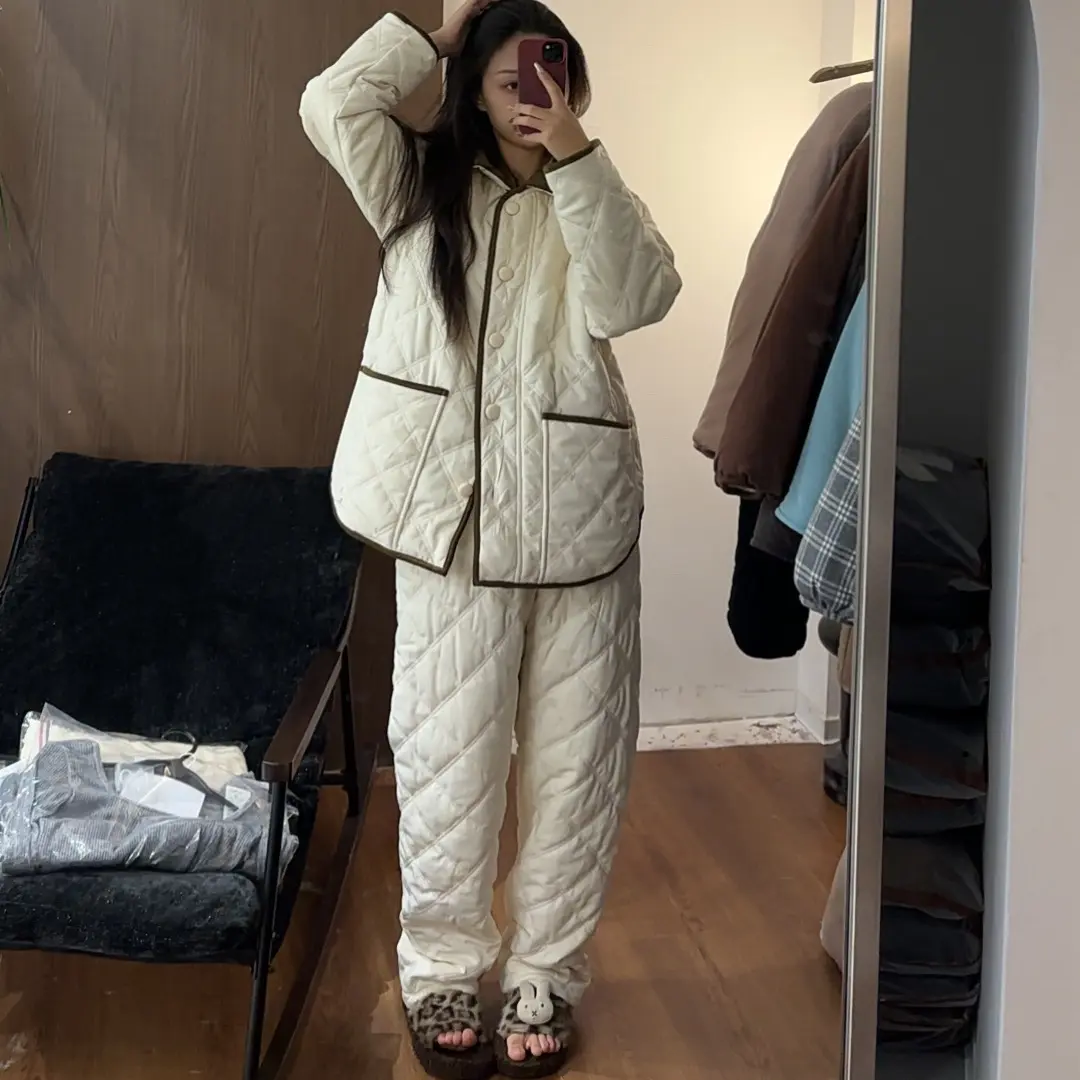 撞色领夹棉加绒外穿女士冬季家居服