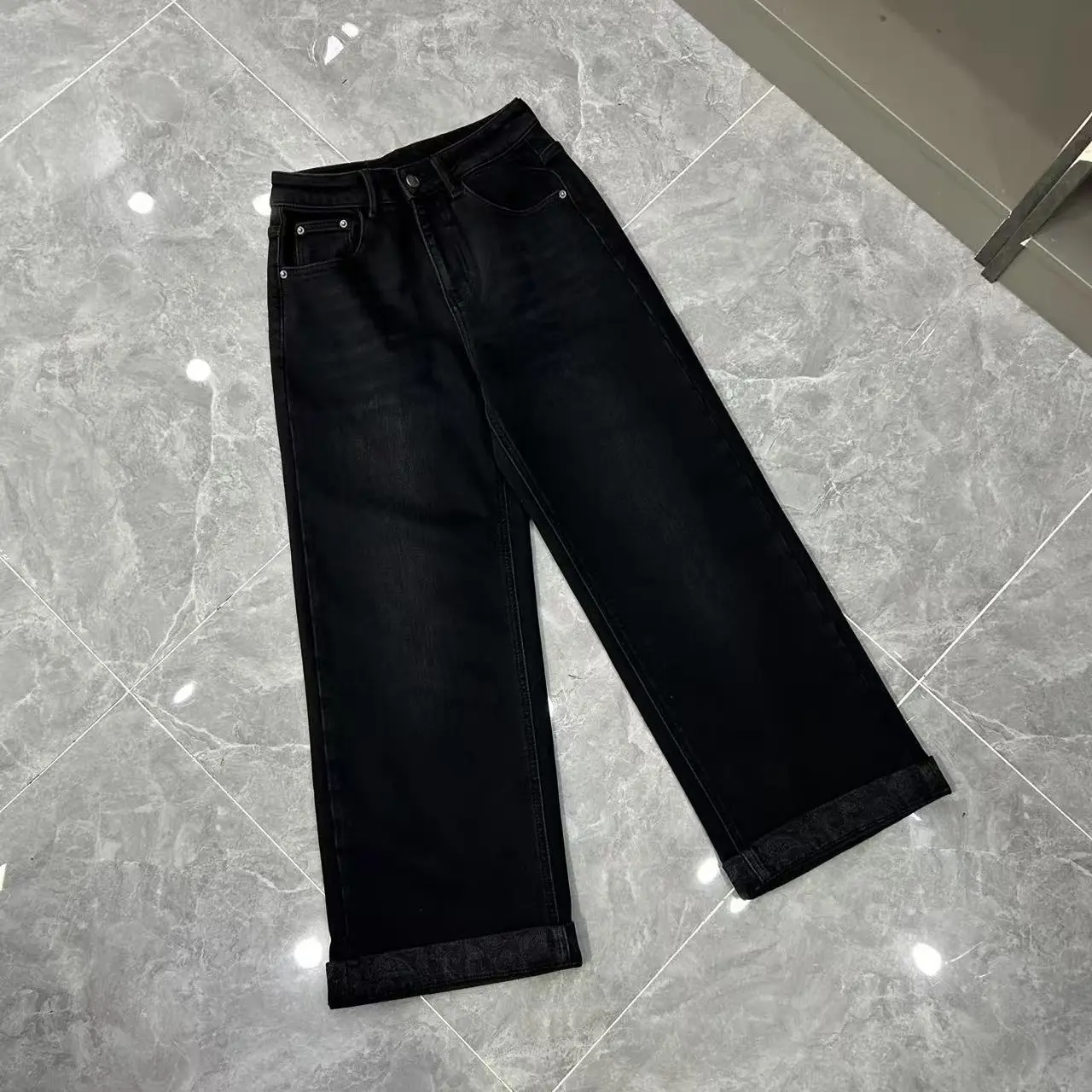 【芸姐】109欧货加绒加厚四面弹高腰显瘦直筒牛仔裤女秋冬百搭