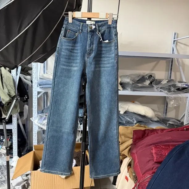 四面弹高腰直筒牛仔裤女秋冬刺绣窄版微烟管显瘦垂感百搭