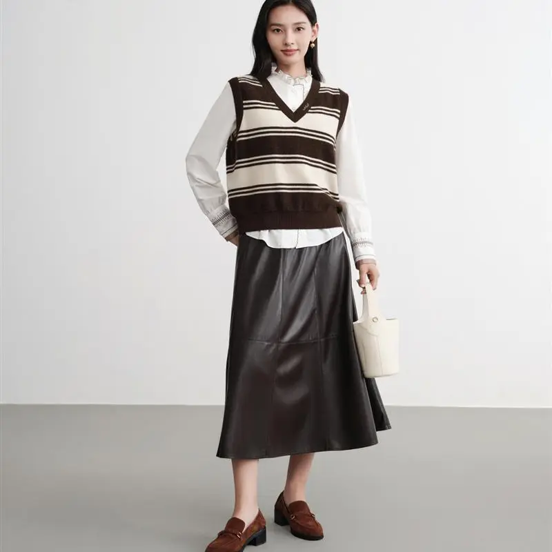 EP秋冬新款针织拼接假两件条纹衬衫百搭休闲风上衣时尚