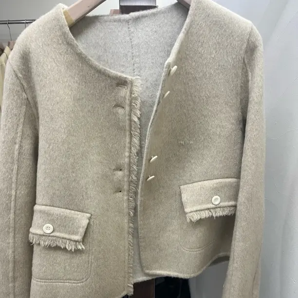 韩版小个子双面呢羊驼毛宽松短款秋冬纯色小香风气质毛呢外套