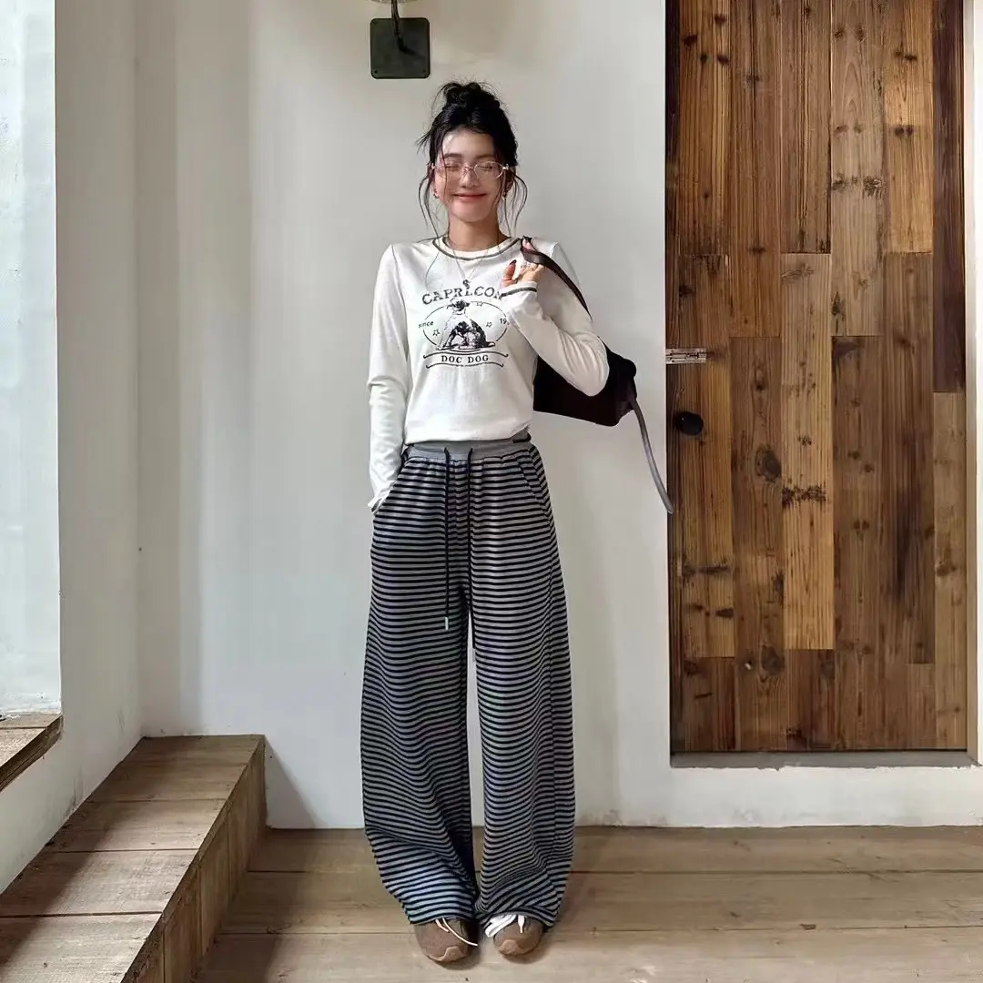 宽松舒适百搭条纹阔腿慵懒休闲高腰垂感显瘦拖地长裤