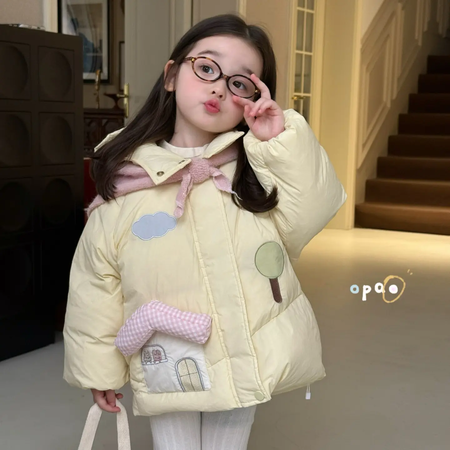 【Opao】25冬款女童韩版卡通可爱小房子连帽羽绒服