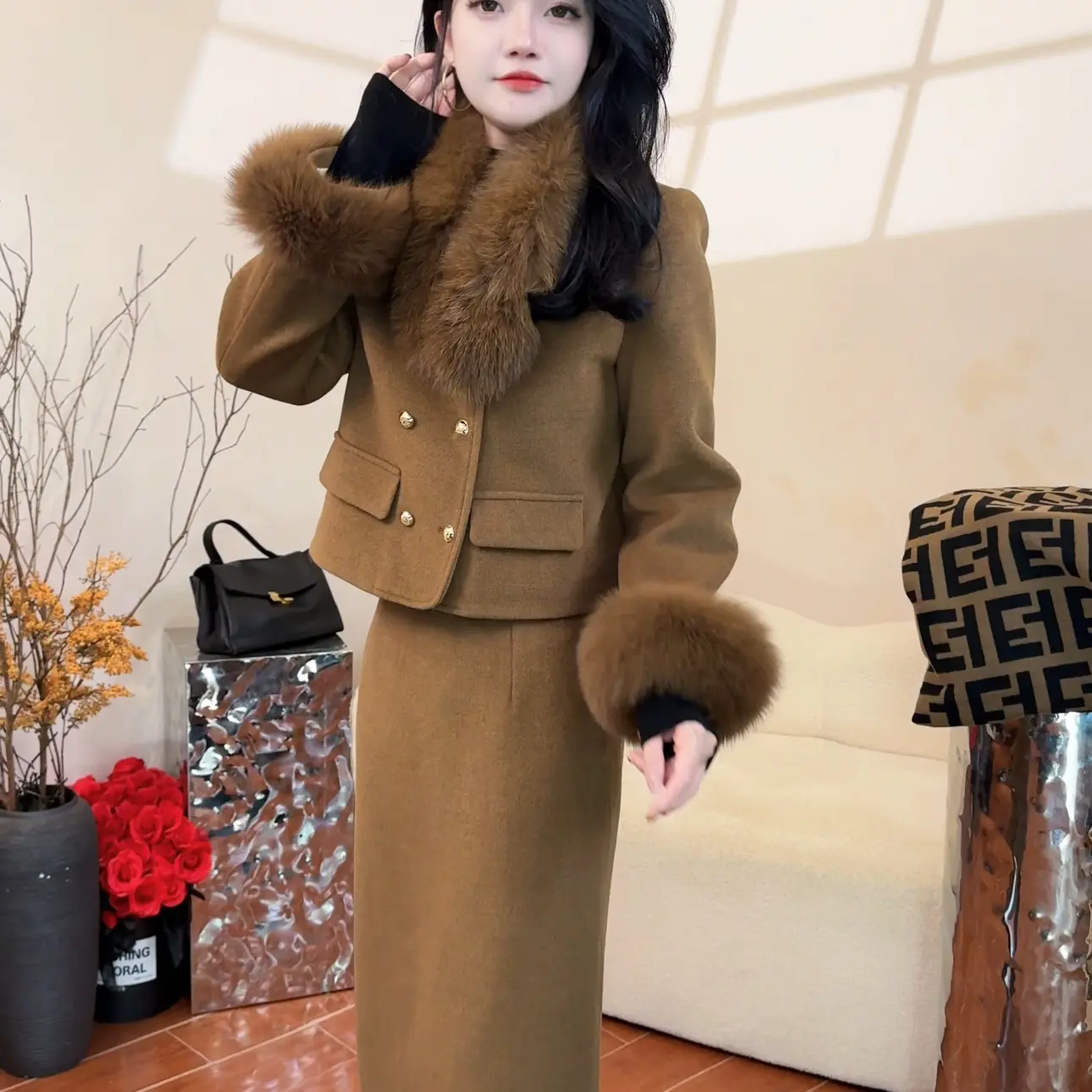 【欣欣】冬款高定千金风时尚外套气质名媛范套装女显瘦长裙套装