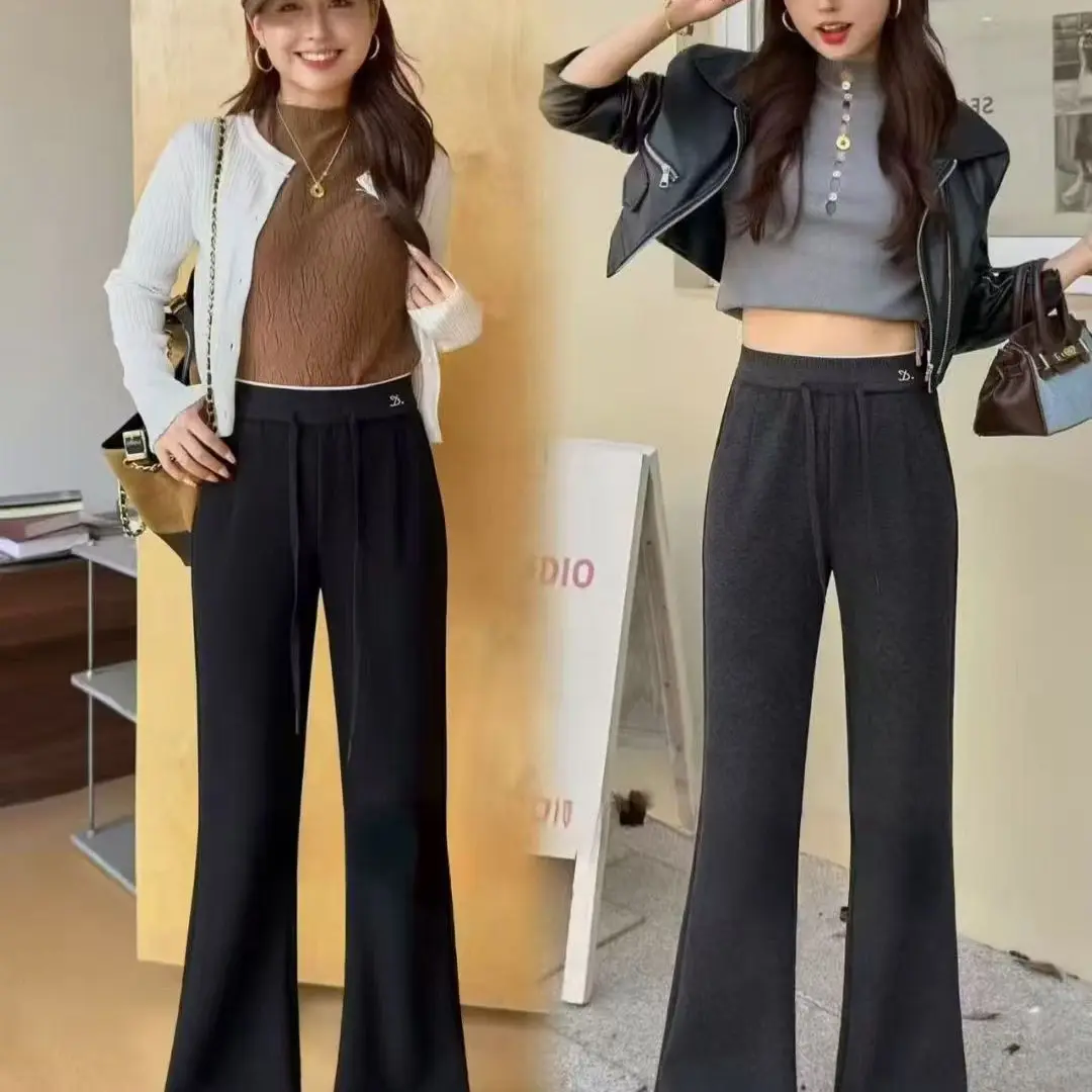 新款加厚高腰显瘦百搭休闲加绒微喇裤656