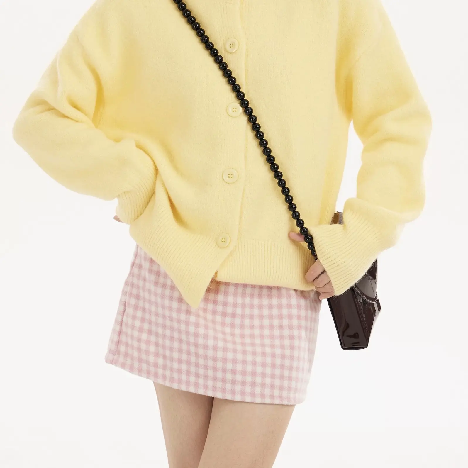 奶黄色韩版宽松慵懒风圆领单排扣针织开衫女春秋毛衣外套上衣