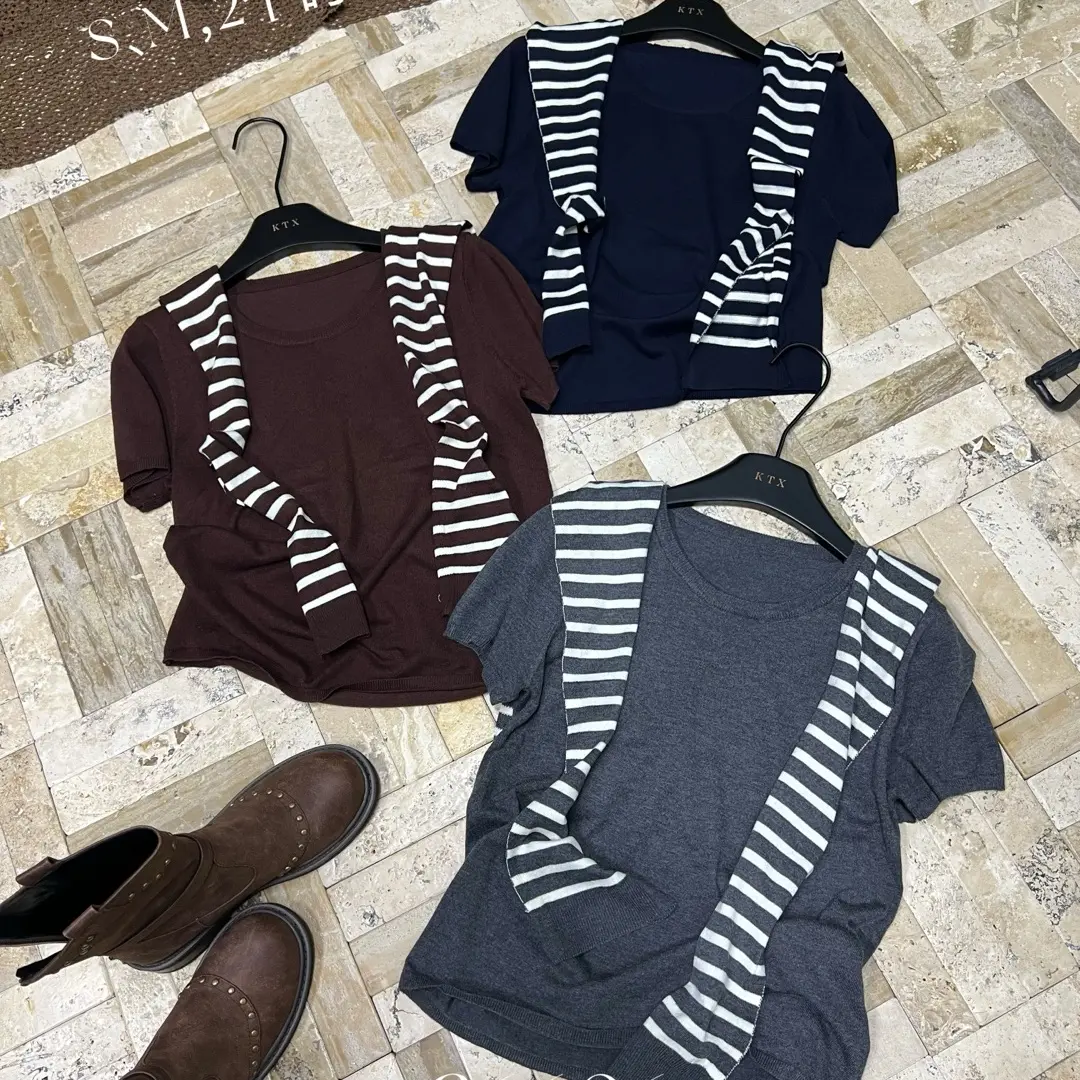 针织时尚圆领短袖拼接条纹街头风洋气T恤常规耐磨