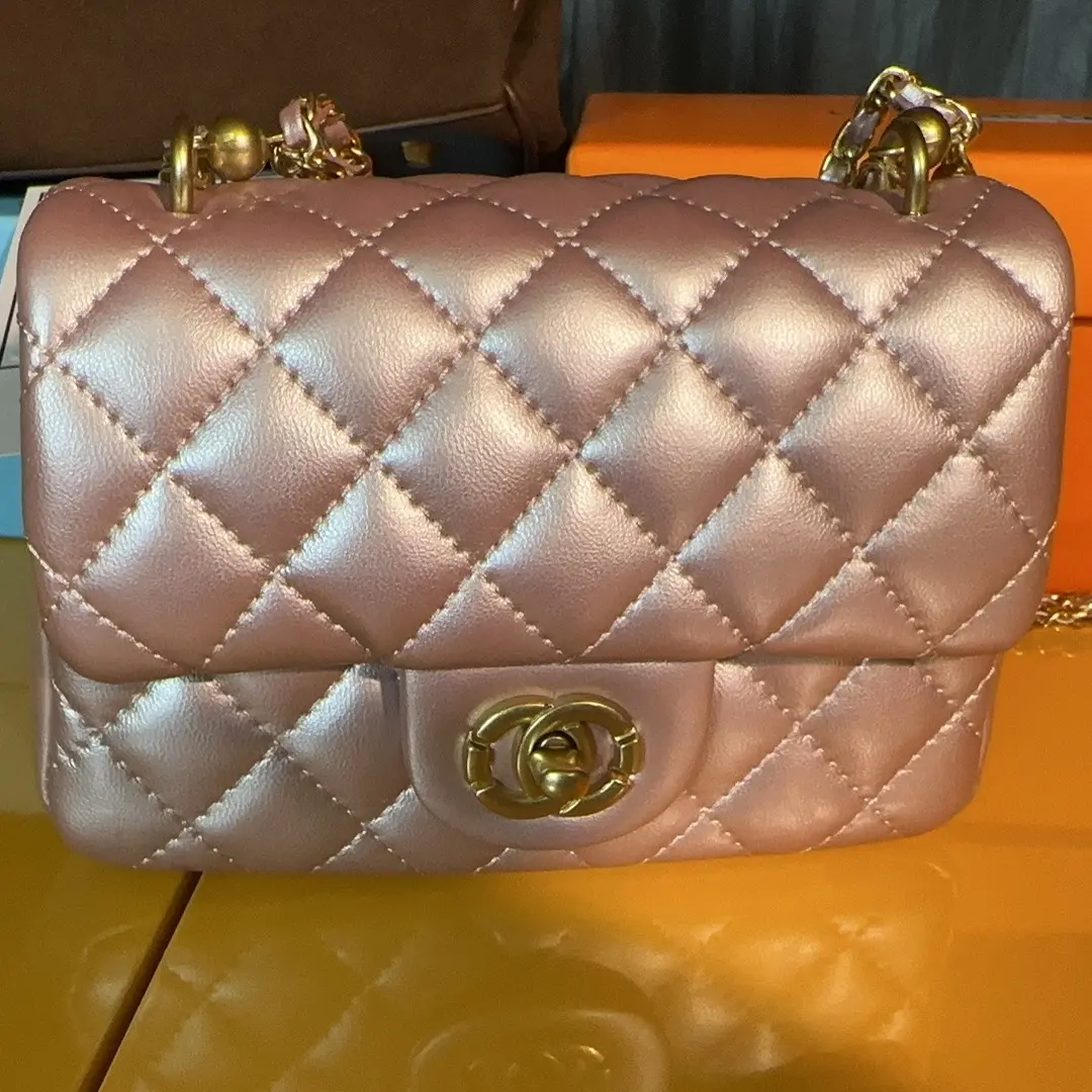 小香风菱格珍珠链条女包真皮百搭单肩斜挎包手提锁扣小方包