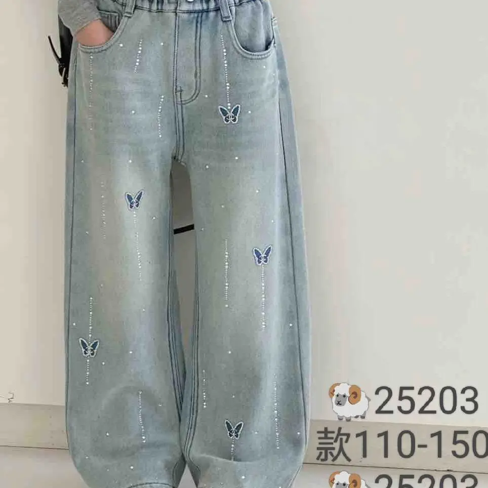 女童冬季蝴蝶结烫钻加绒加厚直筒阔腿牛仔裤