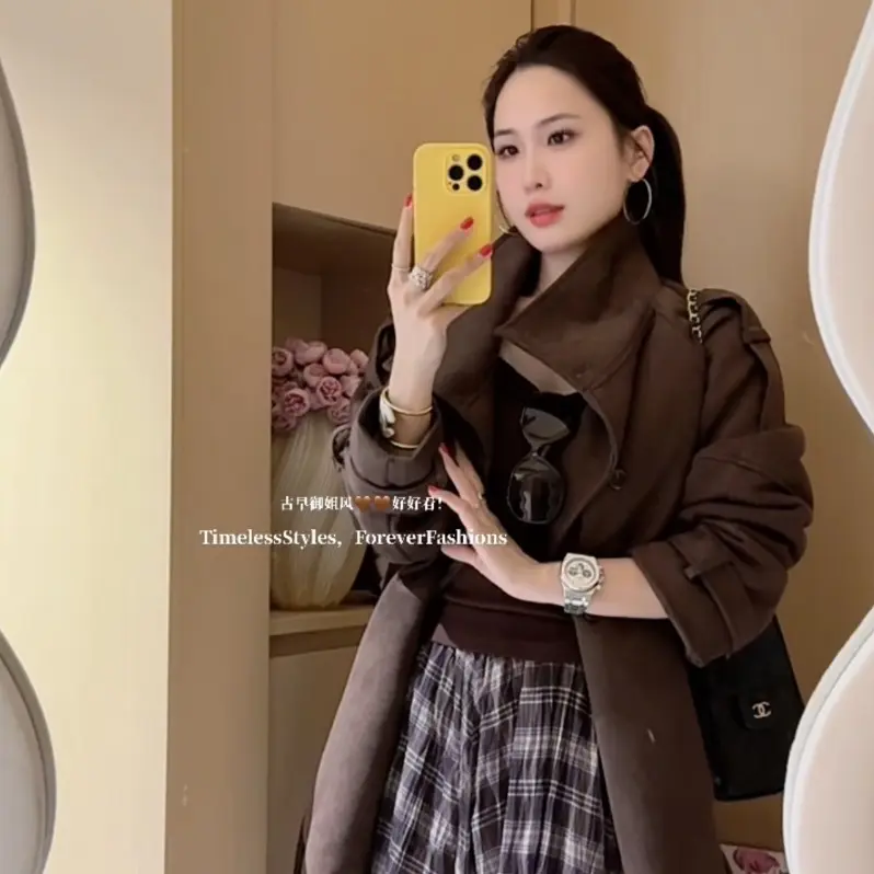 OOPPSI服饰 韩系双排扣系腰设计感秋冬女士风衣外套