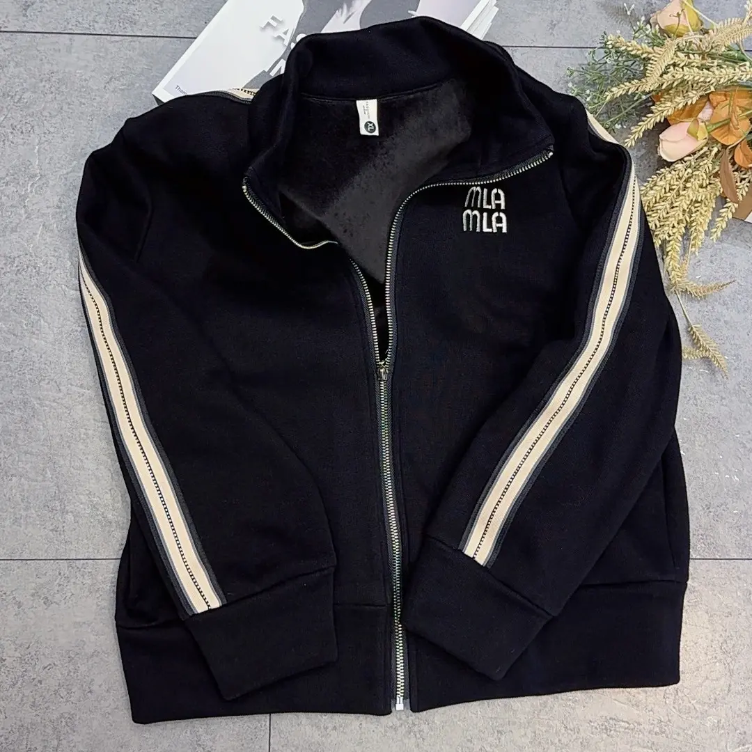 秋冬时尚百搭运动风休闲宽松潮流女织带红色镶钻加绒加厚外套368