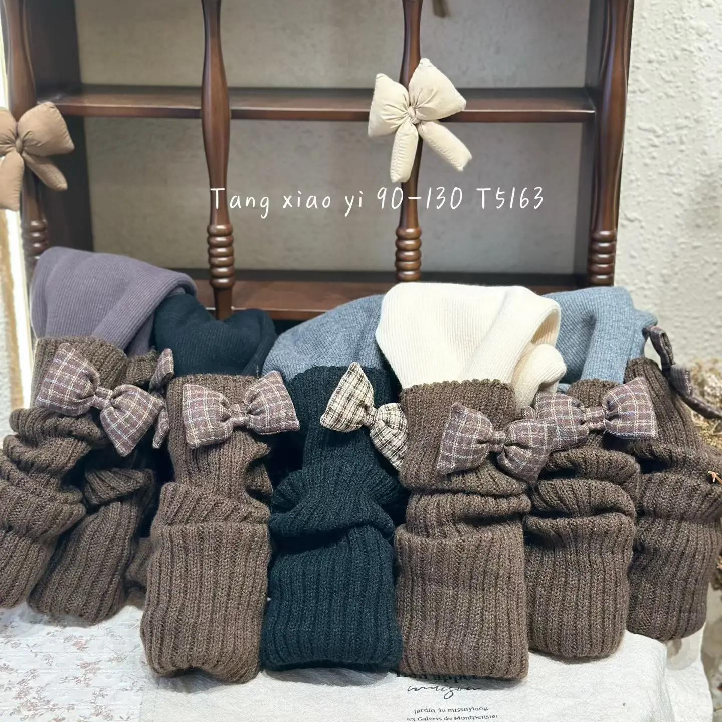 宝宝蝴蝶结堆堆袜套韩系秋冬复古加厚保暖毛线针织女童加绒裤子