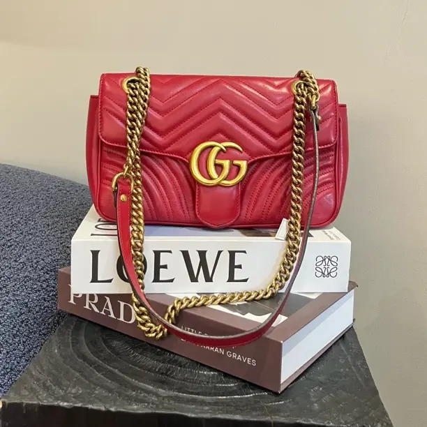 95新 GUCCI/古驰 红金马蒙26包 红金配色双G标志 方胖子口盖包