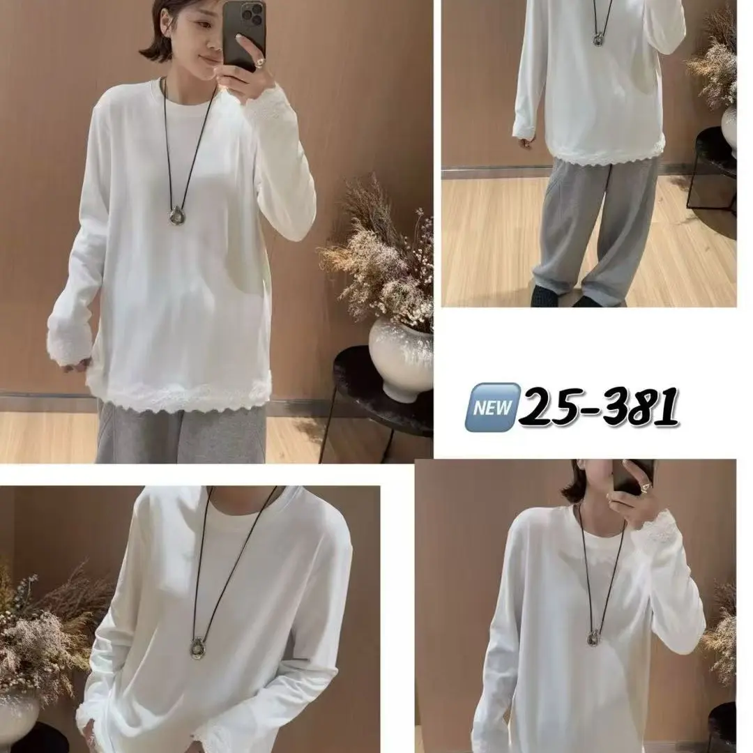 蕾丝拼接磨毛长袖T恤女春秋冬季宽松大码内搭叠穿打底衫上衣