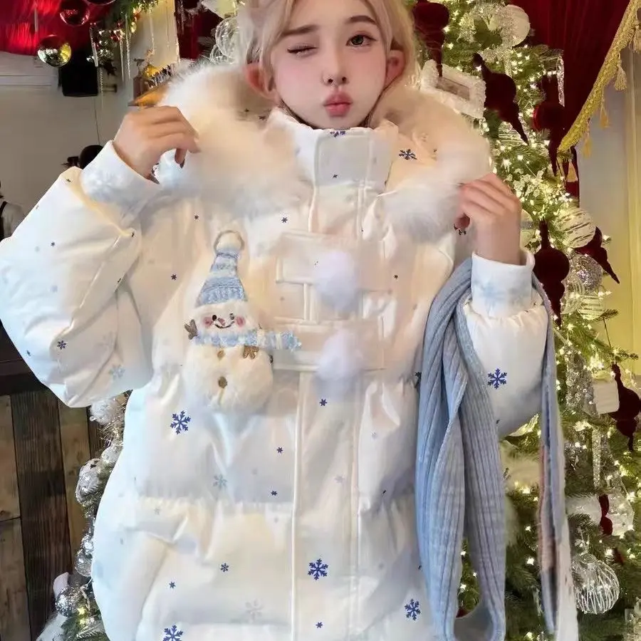 大码胖MM冬季新款可爱雪人毛领连帽宽松百搭加厚棉服外套甜美百搭