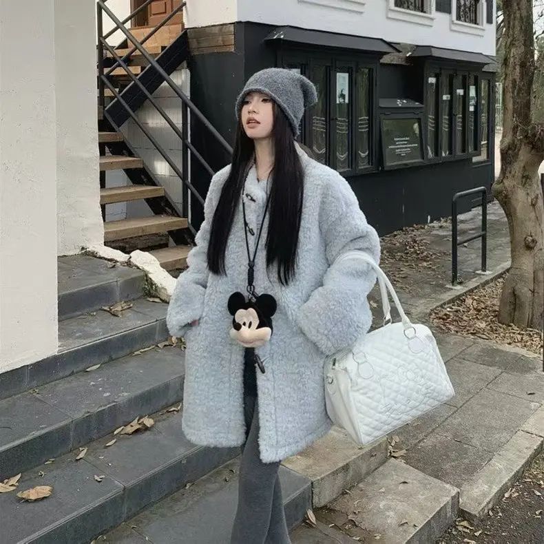 【张开心】韩系中长款宽松立领加厚保暖慵懒风毛毛外套