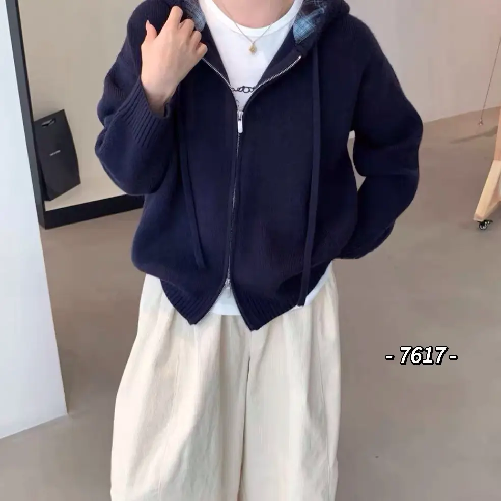 韩系宽松秋冬连帽拉链针织开衫女款时尚百搭