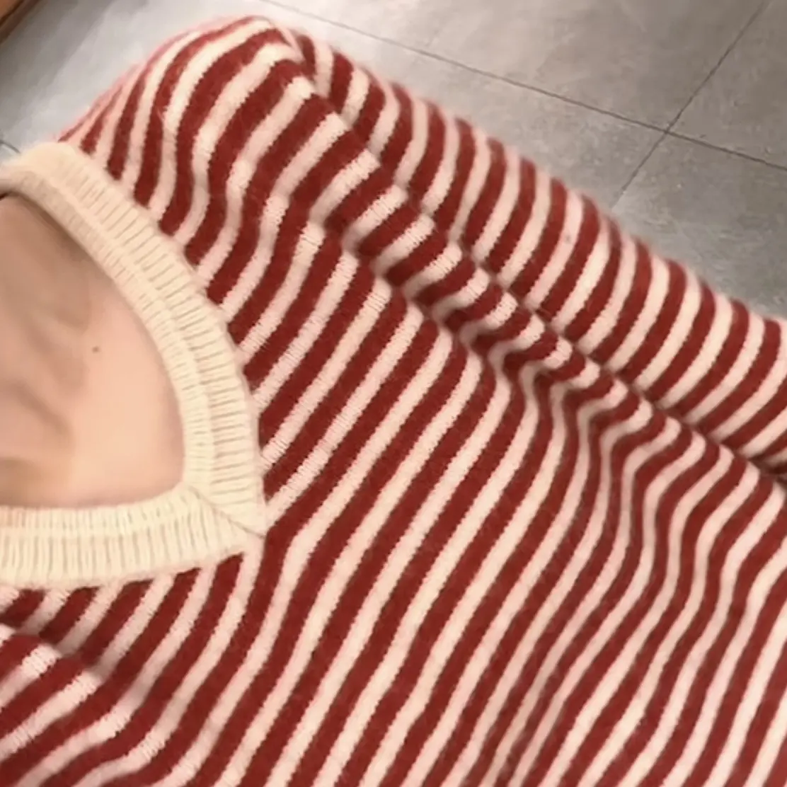 CHEN CHEN 韩系V领条纹撞色复古显瘦羊毛衫