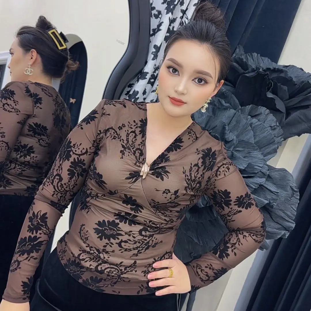 秋冬性感蕾丝加绒长袖修身打底衫时尚百搭女款52170