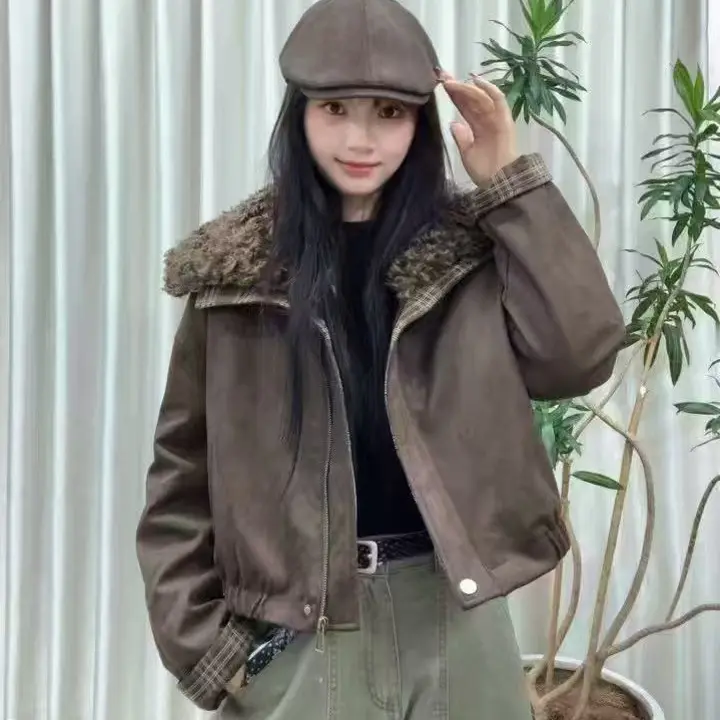 蕊蕊家女慵懒风宽松型翻领不褪色短外套冬季毛领短款外套