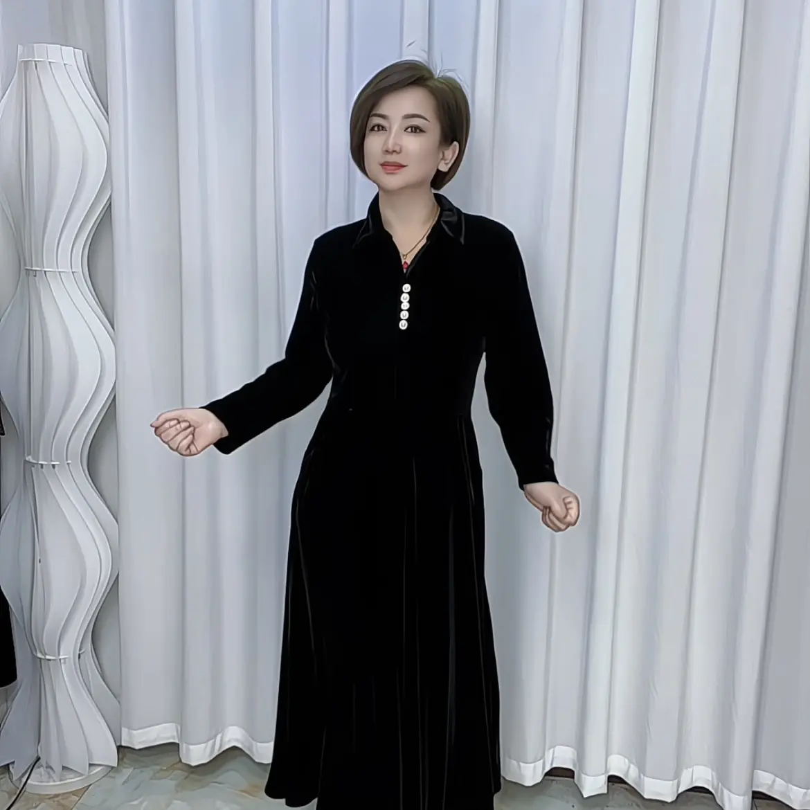 022秋冬高档丝绒长袖连衣裙有口袋洋气遮肚子显瘦宽松弹力大舒适
