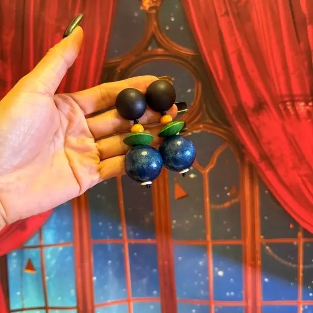 铜合金木质耳饰 「墨蓝珠」原创国风新中式木质耳环复古时髦大耳环