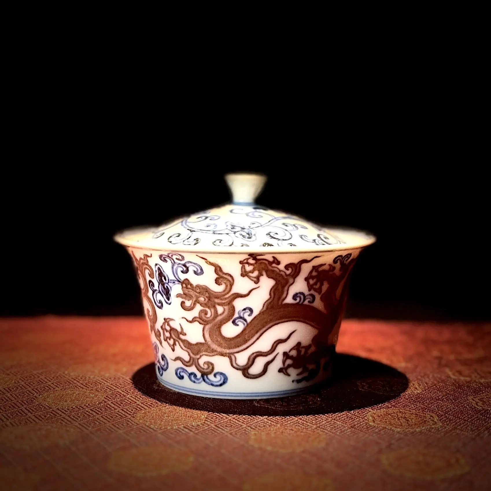 冯公窑青花釉里红香草龙纹盖碗轻奢茶盖碗茶具观山吞天杯