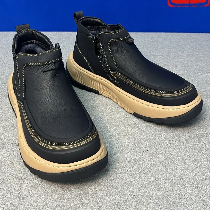 冬季加绒加厚牛皮鞋面内侧拉链设计男士休闲鞋